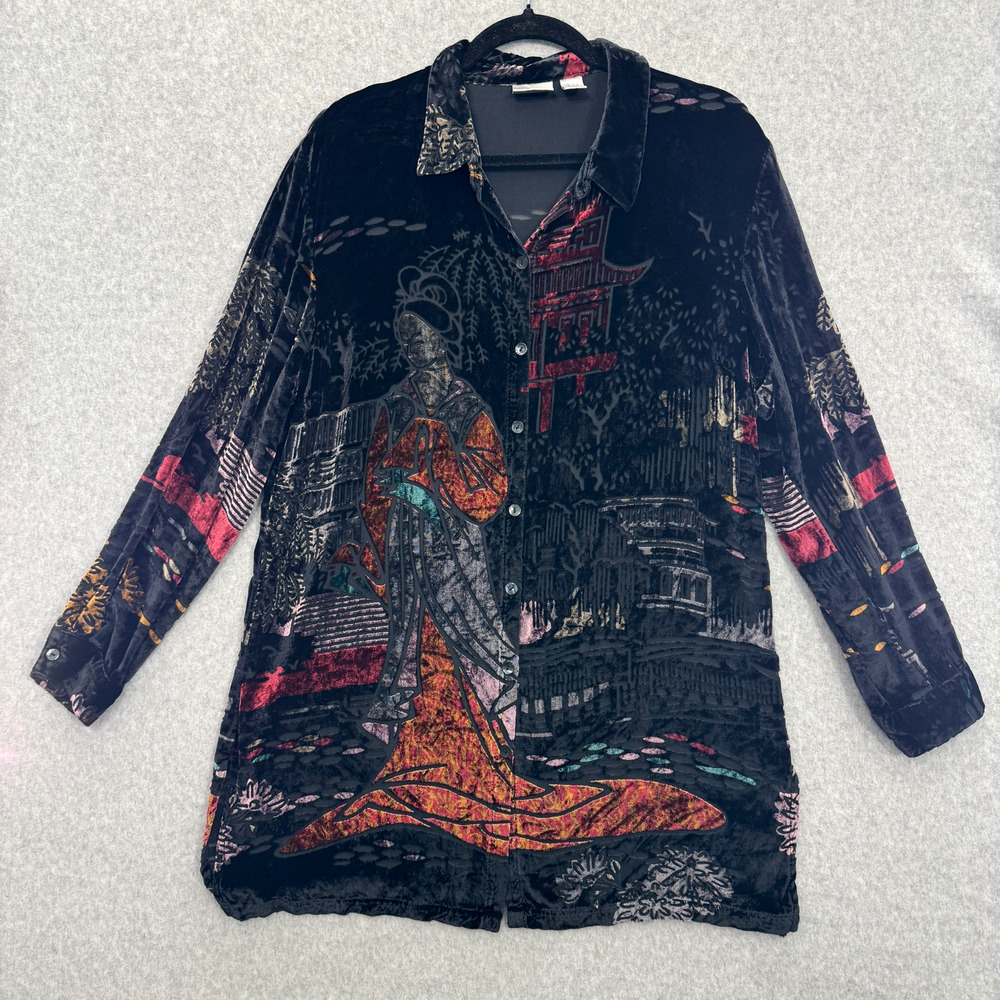 VTG Chico's Velvet Burnout Silk Tunic Shirt Sz 2 L Black Asian Inspired Artsy